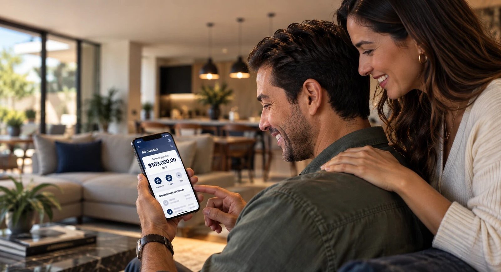 Pareja sonriendo al ver en su celular un saldo de $169,000 en su cuenta